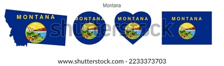 Montana flag icon set. American state pennant in official colors and proportions. Rectangular, map-shaped, circle and heart-shaped. Flat vector illustration isolated on white.