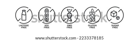 Gluten, gmo, lactose, sugar, soy free icon set.  Allergen free illustration symbol. Sign diet food vector flat.