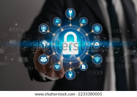 Businessman Hand and Finger Touching Screen and Blue Lock Security Sign. Security Technology System or Firewall and Protection Concept