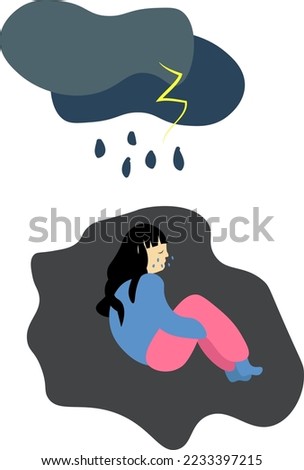 girl has depression vector illustration, dark blue clouds like a symbol of trouble and different problems. Mental health concept. need therapy. Sad girl cry, Character illustration