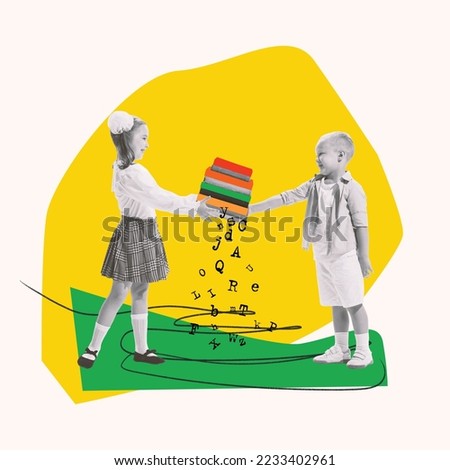 Contemporary art collage. Cute children studying together. Girl giving little boy books. Reading lessons. Concept of education, childhood lifestyle, book reading, discovery, artwork and ad