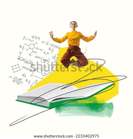 Contemporary art collage. Young woman, student in headphones, meditating with books, listening to study information. Concept of education, student lifestyle, book reading, discovery, artwork and ad