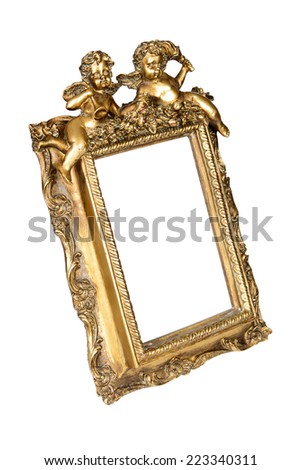 Gold picture frame with angels isolated over white, clipping path.