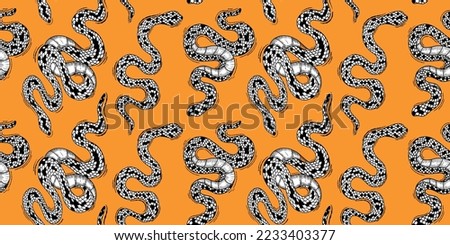 Background snake skin. snake tattoo. Seamless hand drawn vector pattern with snakes on orange bright background in doodle style.
Fashion clothes template and t-shirt design. Dark gothic, snakes pop ar