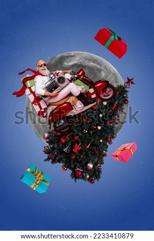 Collage picture of old swag santa claus drive motorbike christmas tree gifts with retro boombox midnight magic delivery isolated on blue background