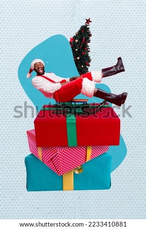 Collage picture photo of funky guy ride sledge on stack gift package near christmas tree adornment fast delivery shopping isolated on blue background