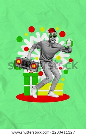 Vertical collage of overjoyed excited guy black white gamma hold boombox dancing isolated on creative background