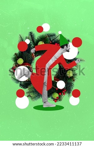 Vertical collage picture of mini black white effect guy running huge decorated christmastime wreath isolated on green background