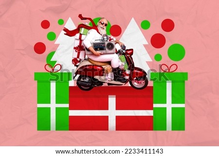 Creative collage picture of funny mini grandfather driving moped deliver giftbox hold boombox isolated on painted background
