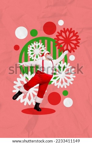 Creative photo 3d collage artwork postcard poster picture of funky santa claus hanging snowflake magic time isolated on painting background