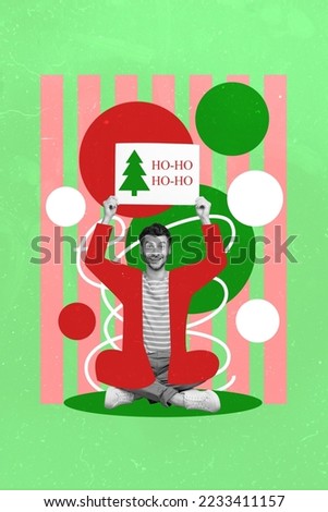 Vertical collage image of excited funky black white colors guy hands hold festive ho-ho placard isolated on creative background