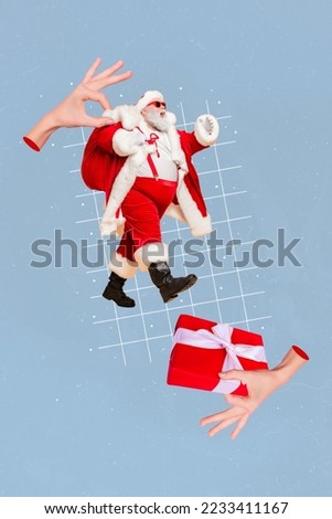 Vertical collage picture of hand fingers hold small santa walking carry presents bag giftbox isolated on creative background