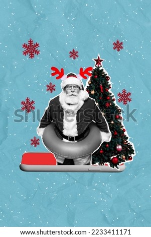 Vertical collage picture of funny mini santa claus black white gamma inflatable circle newyear tree telephone display drawing snowflakes