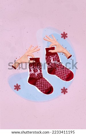 Vertical collage picture of two human arms fingers hold christmastime socks isolated on painted background
