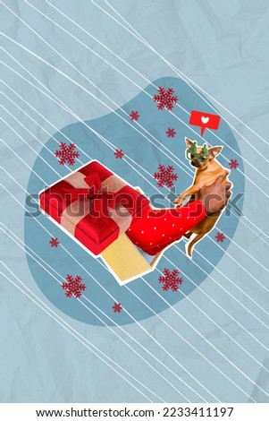 Vertical collage picture of human arms inside newyear giftbox hold little puppy dog like notification drawing snowflakes