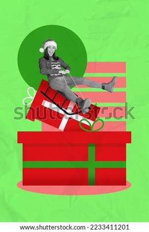 Vertical collage image of excited positive girl black white effect ride sledge big giftbox isolated on drawing background
