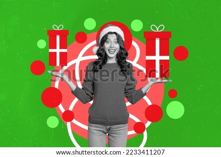 Creative photo 3d collage artwork postcard poster picture of attractive girl show receive two gifts isolated on painting background