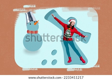 Creative photo 3d collage artwork postcard poster greeting card of funky carefree girl have fun outside isolated on painting background