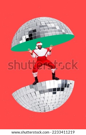 Vertical creative photo collage of good mood man dressed santa claus costume dancing on disco ball isolated on red color background