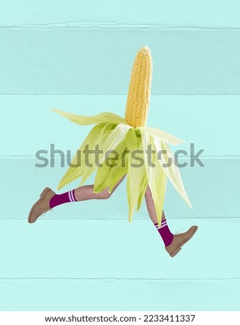 Contemporary art collage. Male legs in bright socks with corn body running isolated over blue background. Taste of summer. Concept of art, creativity, food, design, surrealism. Copy space for ad