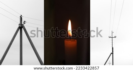 Blackout – power grid overloaded. Blackout concept. Earth hour. Burning flame candle and power lines on background. Energy crisis. Banner design.