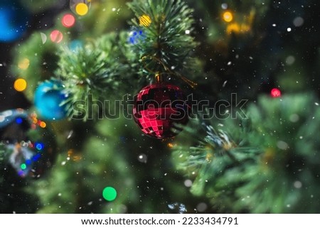 Color of 2023 year Viva Magenta Christmas ball on Christmas tree outdoors