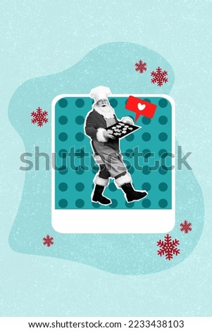 Vertical collage card of black white gamma santa walk hold cookies tray receive like notification isolated on painted background