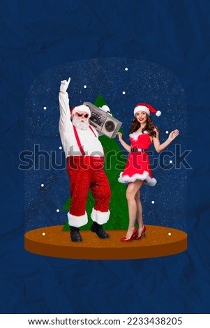 Vertical creative photo collage picture of cheerful santa claus girl dancing in snow globe have fun isolated on blue color background