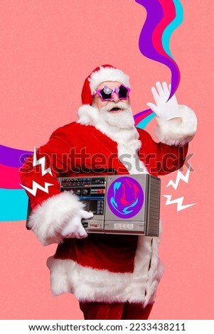 Vertical creative photo collage picture of funny positive cheerful santa claus hold boombox waving palm isolated on pink color background