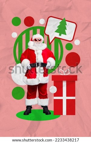 Vertical collage of aged funky santa think talk newyear evergreen tree drawing giftbox isolated on creative background