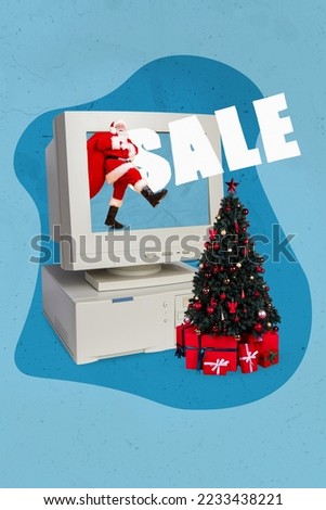 Vertical collage picture of funky santa inside retro computer screen walk carry gifts sack decorated evergreen sale ad