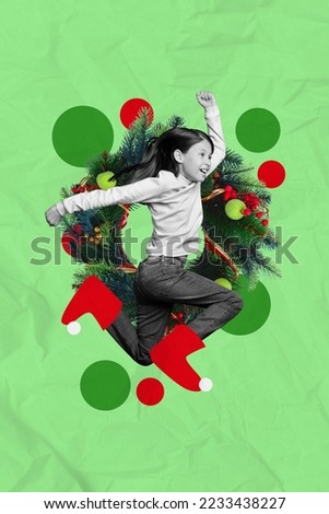 Vertical collage image of excited funky small girl black white gamma jumping big christmastime pine wreath decor isolated on green background