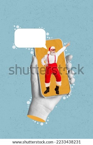 Vertical collage picture of black white effect arm hold telephone screen mini santa point finger say tell isolated on painted background