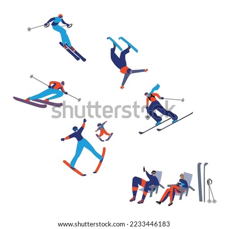 Vector illustration of Alpine Skiing, winter sport. Characters set of simple comic drawing.