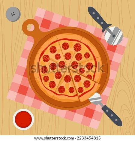 Concept Of Homemade Pizza On The Table With Knife. Cooking, Eat Vector Illustration In Flat Style