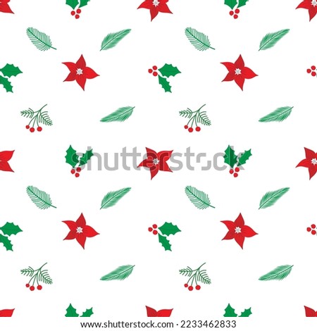 Vector pattern with Christmas flowers, mistletoe, red-green plant, Christmas. Festive Christmas pattern for fabrics, decor, postcards, gifts