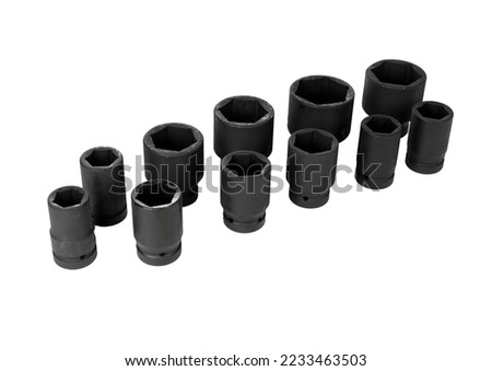 Close up  set of Socket Hand tools  socket maintenance automotive chrome vanadium steel industry white background isolated 