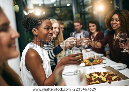 Diversity, dinner and group of people toast celebration together at party. Friends, happy and celebrate with food, wine and friendship for love, support and cheers champagne at business function Royalty-Free Stock Photo #2233467629