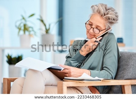 Phone call, business paper and senior woman reading report, finance note and agenda for corporate strategy. Office accounting, mobile communication and worker with insurance documents for company Royalty-Free Stock Photo #2233468305