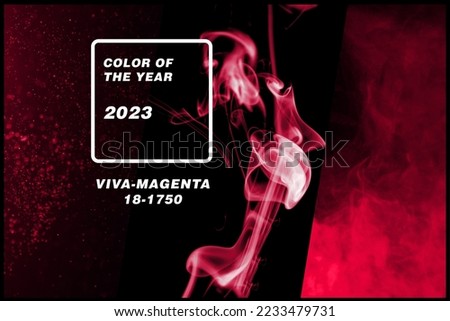 Collage of photo of wisp of smoke on black background in magenta. Concept poster of color of the year 2023