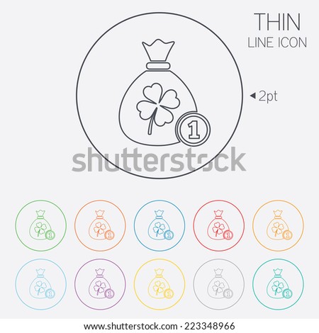 Money bag with Clover and coin sign icon. Saint Patrick symbol. Thin line circle web icons with outline. Vector