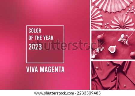 Viva Magenta color of the year 2023. Trendy fashion color palette. Abstract geometric collage with magenta toned monochrome images. Various shades and textures painted with Viva Magenta color shade.