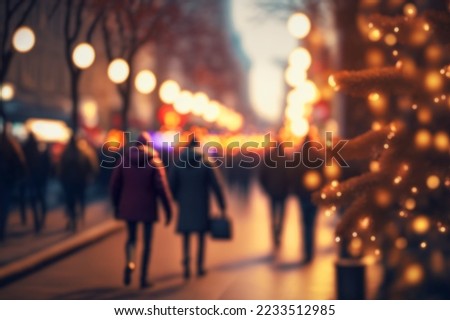 blurred background city street with Christmas illuminations with people, blurred holiday background. Christmas lights and Christmas decorations on the street. For banner, designs. copy space. people