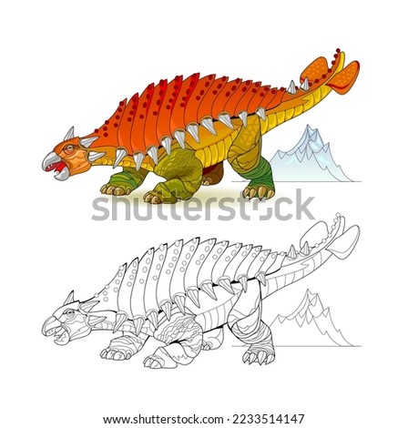Colorful and black and white page for coloring book. Illustration of ankylosaurus. Printable worksheet for children exercise book. Online education. Clip-art cartoon vector. Animals for kids.