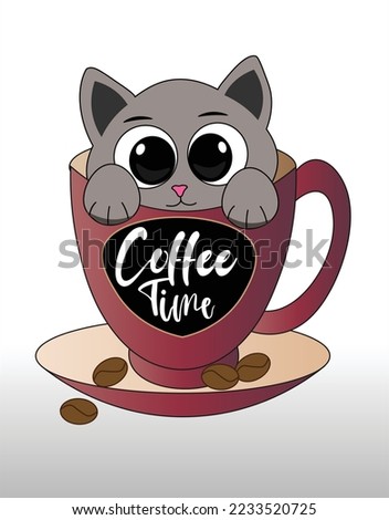 Cute car in coffee cup.draw vector illustration character design banner cute cat Coffee lover concept Doodle cartoon style