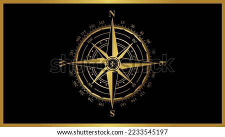 Golden nautical compass vector illustration, Isolated beauty gold nautical compass icon.