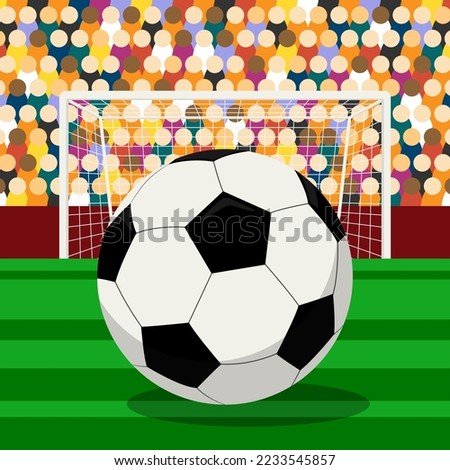 Vector illustration of a soccer ball on the background of a soccer field, goal posts and spectators. Flat design background. Royalty-Free Stock Photo #2233545857