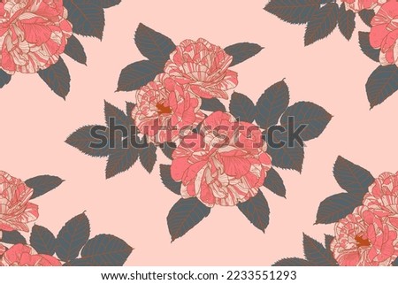 Floral seamless pattern of roses and leaves in coral, pink, dark grey colors with bronze outline. Wallpaper design for textile, paper, print, fashion, card background, beauty products.