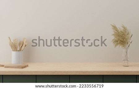 Minimal cozy counter mockup design for product presentation background. Branding in modern style with bright wood top green counter and warm white wall grass glass vase kitchenware. Kitchen interior.