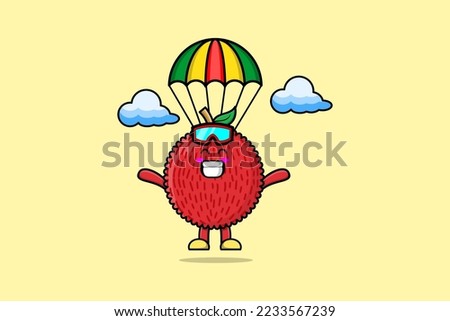 Cute mascot cartoon Lychee is skydiving with parachute and happy gesture illustration